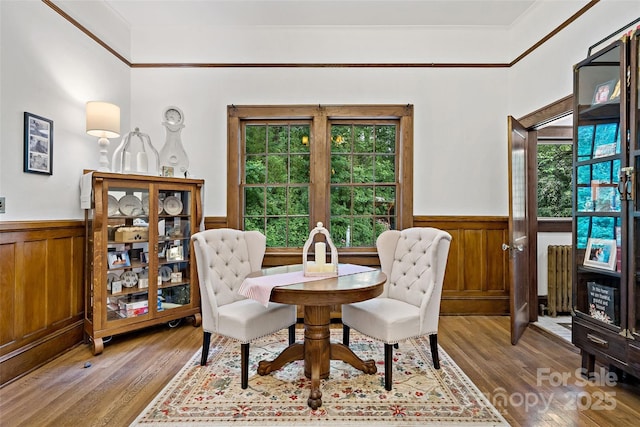 147 Preservation Way, Waynesville, NC 28786 - dining space featuring a wainscoted wall, healthy amount of natural light, wood finished floors, radiator heating unit, and wooden walls