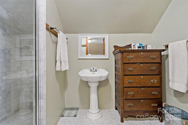147 Preservation Way, Waynesville, NC 28786 - bathroom with lofted ceiling, a stall shower, and tile patterned flooring