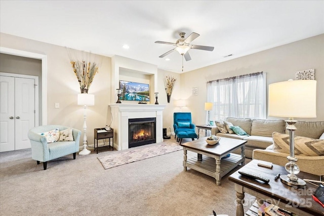 620 River Birch Dr, Salisbury, NC 28146 - carpeted living area with a glass covered fireplace, ceiling fan, and recessed lighting