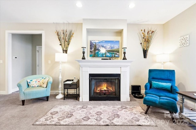 620 River Birch Dr, Salisbury, NC 28146 - living area with carpet floors, a lit fireplace, recessed lighting, and baseboards
