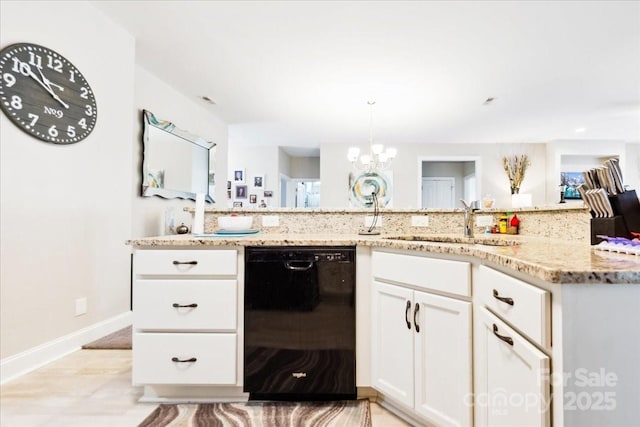 620 River Birch Dr, Salisbury, NC 28146 - kitchen with dishwasher, a sink, light stone counters, white cabinets, and a chandelier