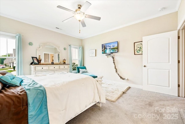 620 River Birch Dr, Salisbury, NC 28146 - bedroom with ornamental molding, carpet flooring, a ceiling fan, and baseboards