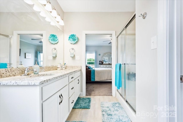 620 River Birch Dr, Salisbury, NC 28146 - bathroom featuring ensuite bathroom, wood finished floors, a ceiling fan, vanity, and a shower stall