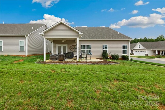 620 River Birch Dr, Salisbury, NC 28146 - rear view of house with a ceiling fan, a lawn, a patio area, and french doors