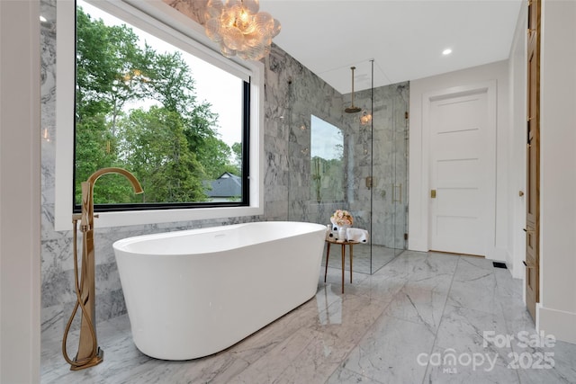 38 Thistle Ln, Fletcher, NC 28732 - full bathroom featuring a marble finish shower, a freestanding tub, plenty of natural light, and marble finish flooring