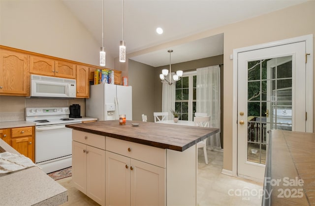 159 Pitts School Rd NW, Concord, NC 28027 - kitchen with white appliances, butcher block counters, a chandelier, hanging light fixtures, and a center island