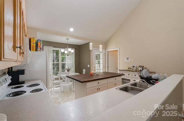 159 Pitts School Rd NW, Concord, NC 28027 - kitchen featuring wood counters, white appliances, a sink, a chandelier, and white cabinetry