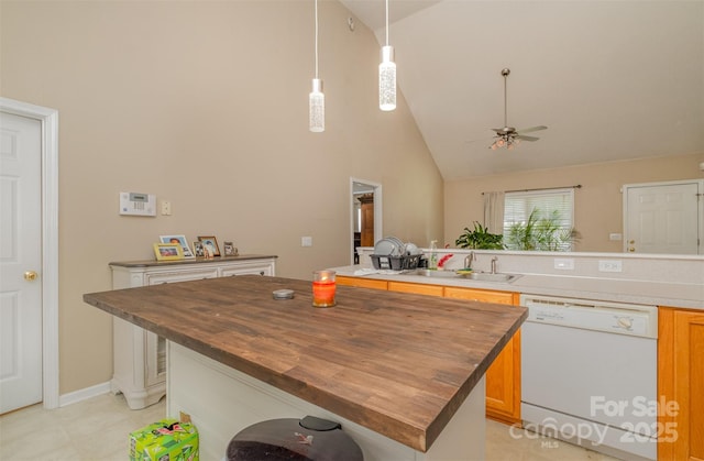 159 Pitts School Rd NW, Concord, NC 28027 - kitchen featuring white dishwasher, wood counters, a sink, ceiling fan, and high vaulted ceiling
