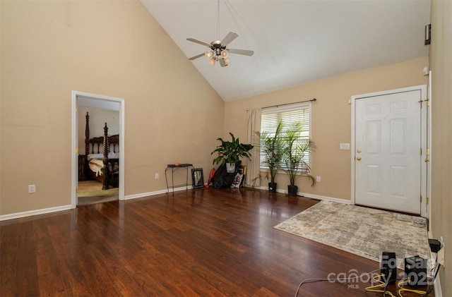 159 Pitts School Rd NW, Concord, NC 28027 - foyer entrance featuring high vaulted ceiling, ceiling fan, wood finished floors, and baseboards
