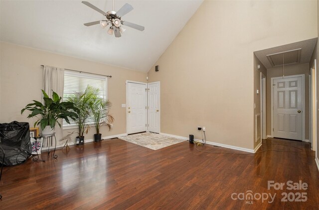 159 Pitts School Rd NW, Concord, NC 28027 - entrance foyer with high vaulted ceiling, ceiling fan, wood finished floors, and baseboards