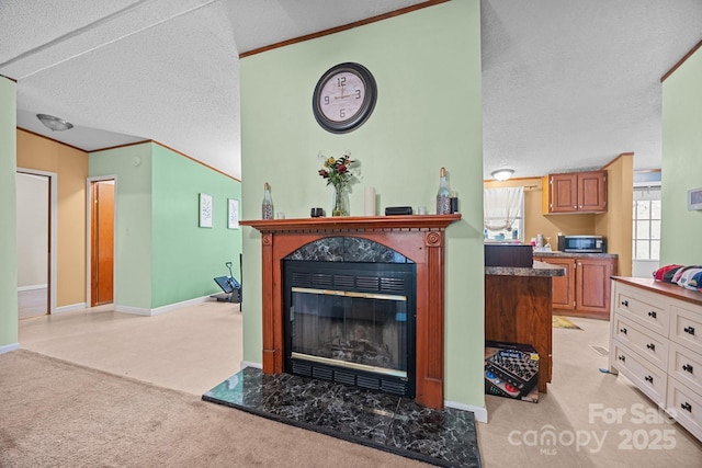 112 Cordella Rd, Candler, NC 28715 - living area with light colored carpet, a textured ceiling, a fireplace, and crown molding