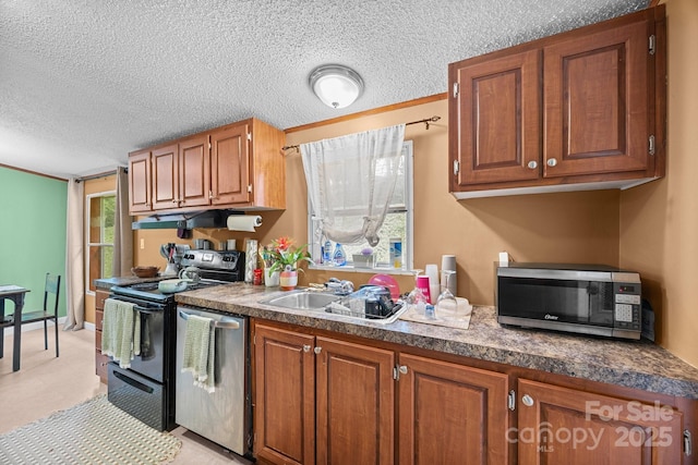 112 Cordella Rd, Candler, NC 28715 - kitchen with black range with electric stovetop, dishwasher, a textured ceiling, a sink, and brown cabinets