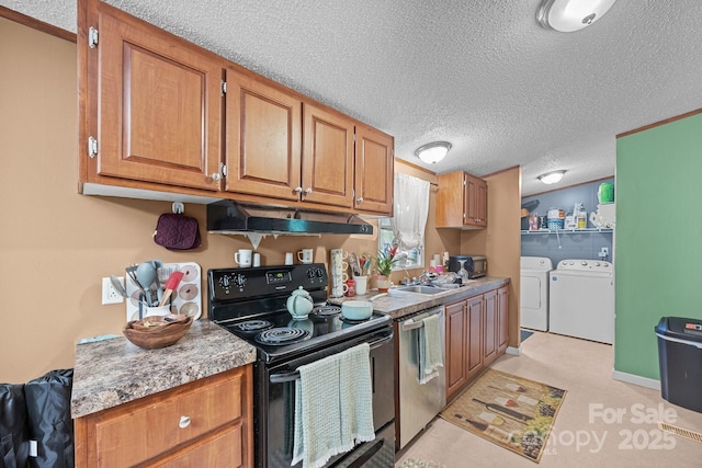 112 Cordella Rd, Candler, NC 28715 - kitchen with black range with electric cooktop, washing machine and dryer, dishwasher, under cabinet range hood, and a textured ceiling
