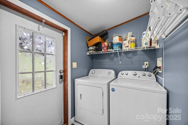 112 Cordella Rd, Candler, NC 28715 - laundry area with ornamental molding, washer and dryer, and a textured ceiling