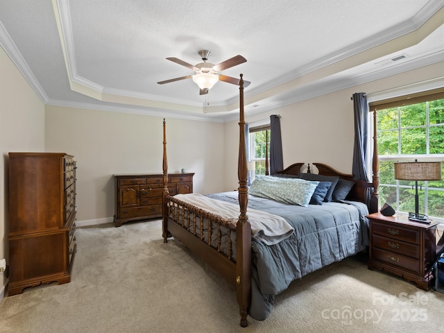5369 Concord Rd, York, SC 29745 - bedroom with a tray ceiling, ornamental molding, light carpet, ceiling fan, and baseboards