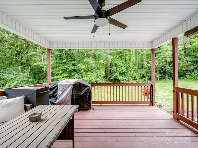 5369 Concord Rd, York, SC 29745 - wooden deck featuring a ceiling fan, grilling area, and a wooded view