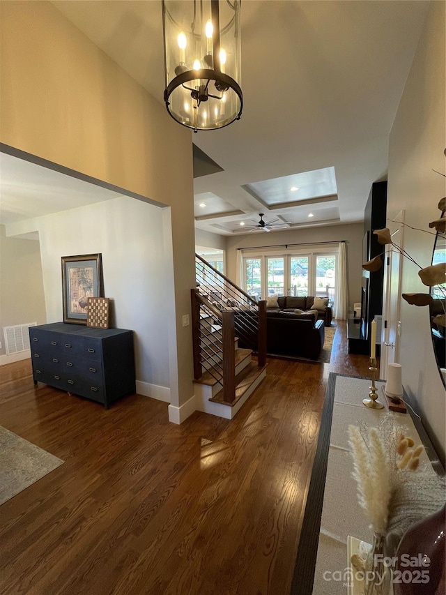 1427 Kinks Ln Unit 47, Maiden, NC 28650 - staircase with wood finished floors, baseboards, a skylight, ceiling fan, and a chandelier