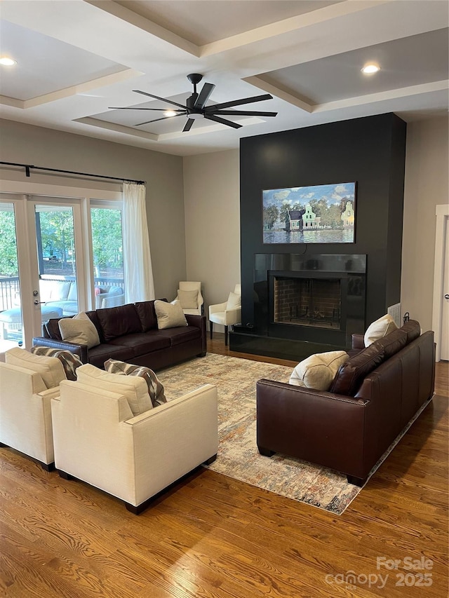 1427 Kinks Ln Unit 47, Maiden, NC 28650 - living room with coffered ceiling, a fireplace, a ceiling fan, wood finished floors, and recessed lighting