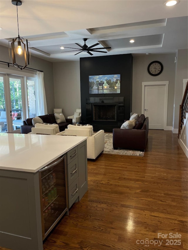 1427 Kinks Ln Unit 47, Maiden, NC 28650 - living area with beverage cooler, ceiling fan, dark wood-type flooring, recessed lighting, and a fireplace