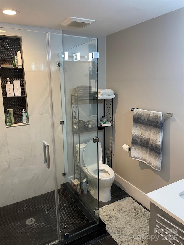 1427 Kinks Ln Unit 47, Maiden, NC 28650 - full bath with toilet, tile patterned floors, vanity, a shower stall, and recessed lighting