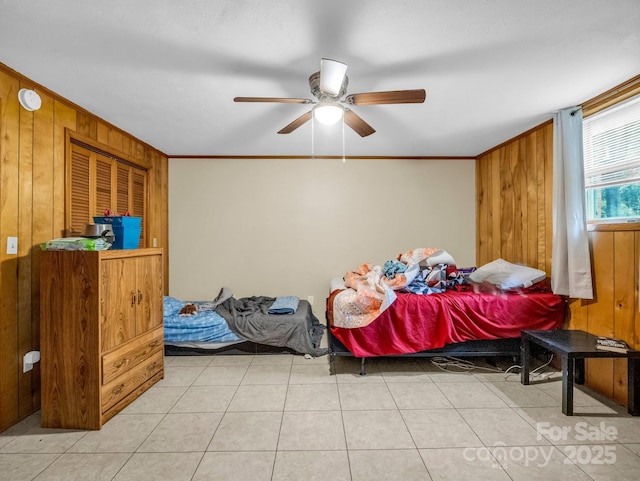 989 Mine Gap Rd, Zirconia, NC 28790 - bedroom featuring wooden walls, crown molding, and ceiling fan