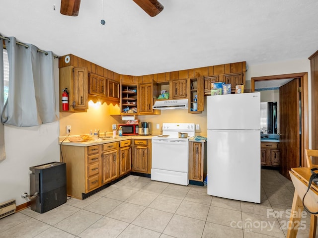 989 Mine Gap Rd, Zirconia, NC 28790 - kitchen featuring white appliances, under cabinet range hood, open shelves, ceiling fan, and light countertops