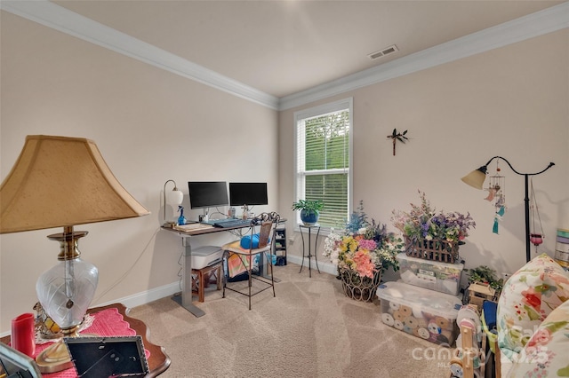608 Latrobe Dr, Iron Station, NC 28080 - home office featuring baseboards, ornamental molding, and carpet flooring