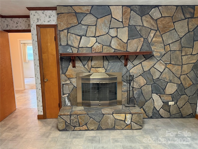 6018 Unionville Rd, Monroe, NC 28110 - detailed view of ornamental molding, wallpapered walls, and a stone fireplace