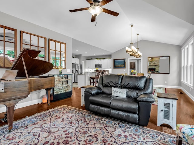 26 Balsam High Rd, Biltmore Lake, NC 28715 - living room with vaulted ceiling, a ceiling fan, dark wood-style floors, and a chandelier