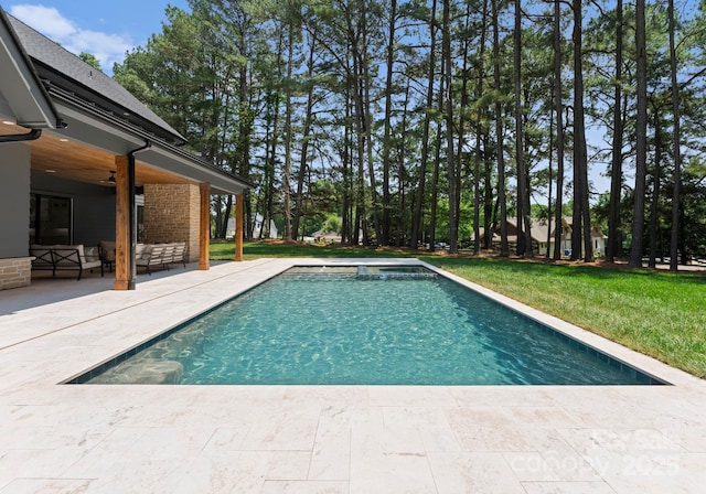 20000 Schooner Dr, Cornelius, NC 28031 - swimming pool with a patio, a lawn, a ceiling fan, and outdoor lounge area