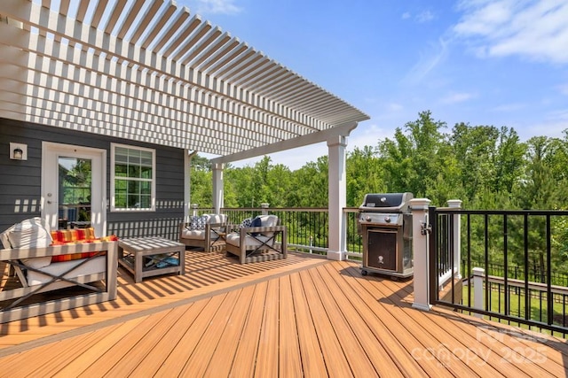 1467 Tranquility Blvd, Lancaster, SC 29720 - wooden terrace featuring an outdoor hangout area, a pergola, and area for grilling