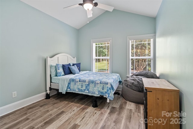 1009 Jerry Ln, Matthews, NC 28105 - bedroom with wood finished floors, baseboards, lofted ceiling, and a ceiling fan
