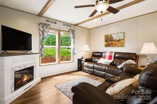 410 Fork Mountain Rd, Bakersville, NC 28705 - living area featuring ceiling fan, wood finished floors, a premium fireplace, and ornamental molding