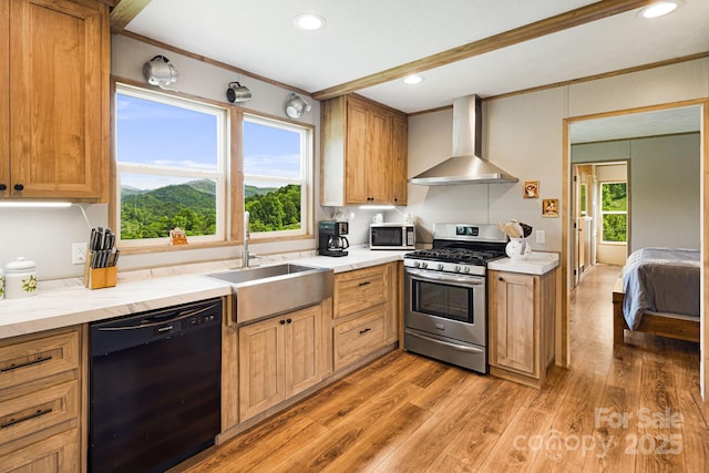 410 Fork Mountain Rd, Bakersville, NC 28705 - kitchen with appliances with stainless steel finishes, wall chimney range hood, a sink, crown molding, and light wood-type flooring