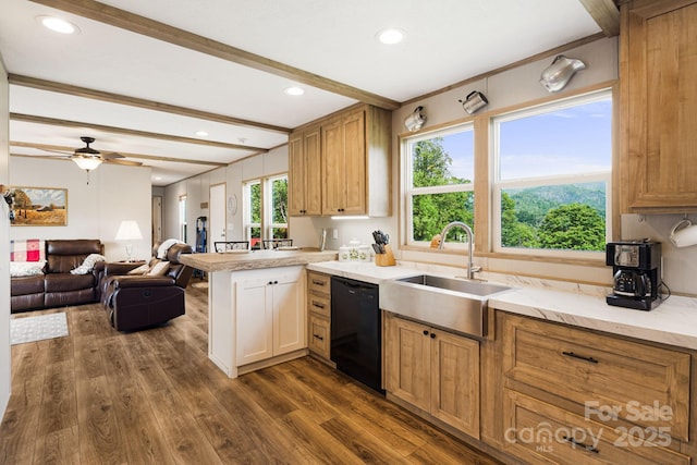 410 Fork Mountain Rd, Bakersville, NC 28705 - kitchen featuring black dishwasher, a sink, a peninsula, beam ceiling, and dark wood-style flooring