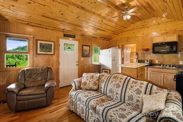 410 Fork Mountain Rd, Bakersville, NC 28705 - living area featuring vaulted ceiling, plenty of natural light, wooden ceiling, ceiling fan, and wood walls