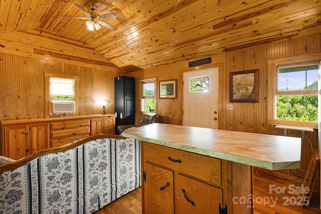410 Fork Mountain Rd, Bakersville, NC 28705 - kitchen featuring vaulted ceiling, a ceiling fan, wood walls, wooden ceiling, and cooling unit