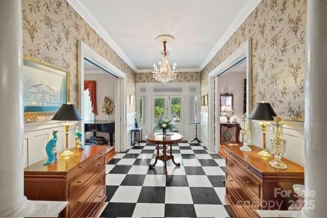 530 E Rutledge Ave, Gaffney, SC 29340 - sitting room featuring a chandelier, ornamental molding, a decorative wall, wallpapered walls, and tile patterned floors