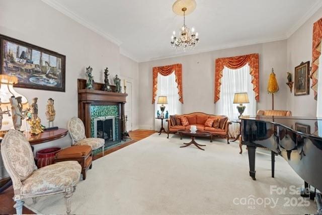 530 E Rutledge Ave, Gaffney, SC 29340 - living area featuring a chandelier, ornamental molding, and a fireplace with flush hearth