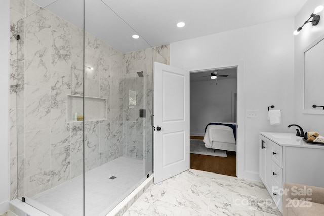 1922 Thomas Ave, Charlotte, NC 28205 - ensuite bathroom featuring vanity, a stall shower, recessed lighting, and a ceiling fan