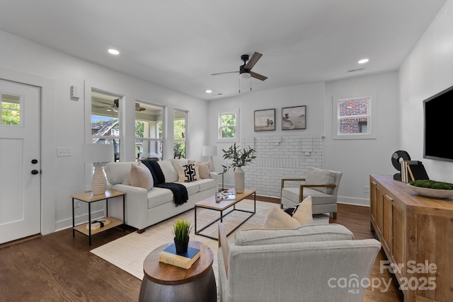 1922 Thomas Ave, Charlotte, NC 28205 - living room featuring ceiling fan, wood finished floors, and recessed lighting