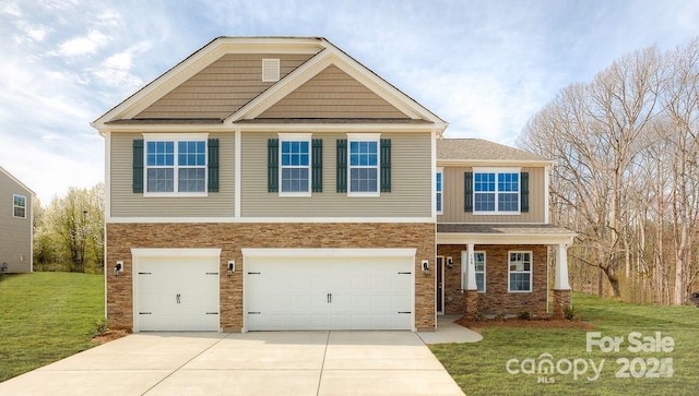8036 Kennesaw Dr, Gastonia, NC 28056 - craftsman inspired home with an attached garage, stone siding, concrete driveway, and a front lawn