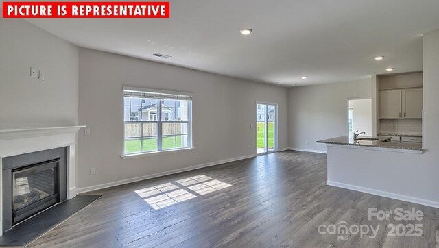 8036 Kennesaw Dr, Gastonia, NC 28056 - unfurnished living room with a sink, a glass covered fireplace, wood finished floors, recessed lighting, and baseboards
