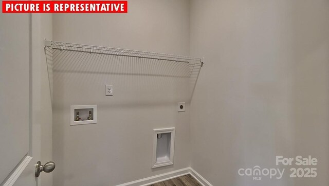8036 Kennesaw Dr, Gastonia, NC 28056 - laundry room with hookup for a washing machine, hookup for an electric dryer, baseboards, and wood finished floors
