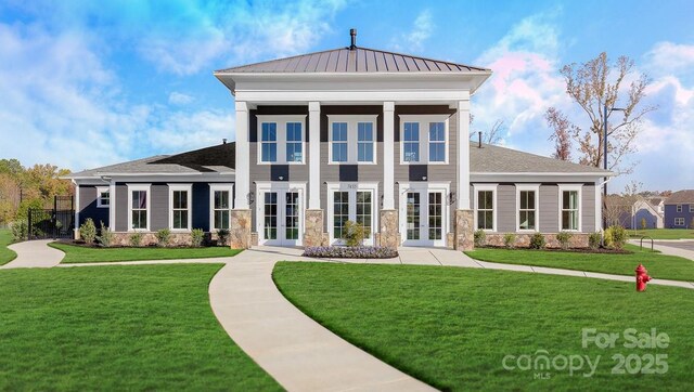 8036 Kennesaw Dr, Gastonia, NC 28056 - rear view of property with french doors, a lawn, and stone siding