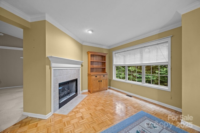 206 Pine Knot Trl, Hendersonville, NC 28739 - unfurnished living room featuring baseboards, a fireplace, and crown molding