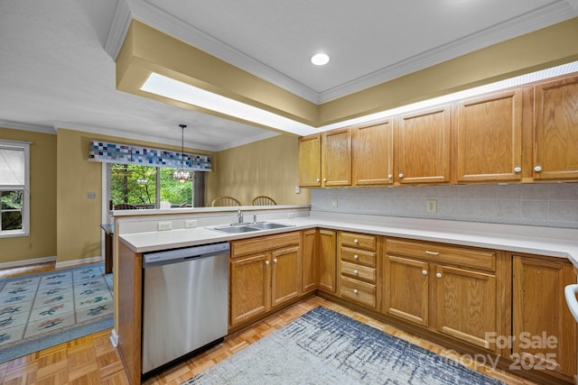206 Pine Knot Trl, Hendersonville, NC 28739 - kitchen with dishwasher, a sink, a peninsula, crown molding, and light countertops