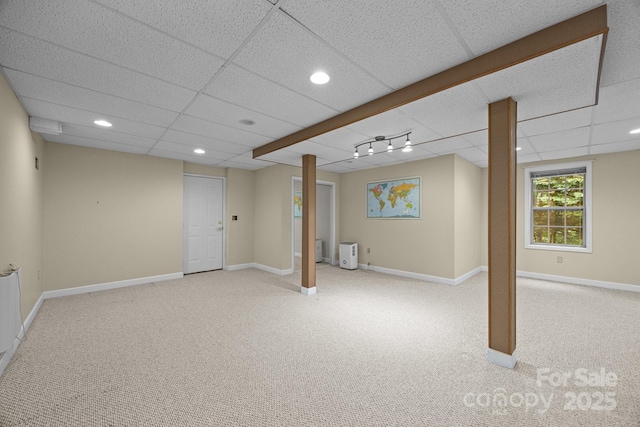 206 Pine Knot Trl, Hendersonville, NC 28739 - below grade area with carpet floors, baseboards, a drop ceiling, and recessed lighting