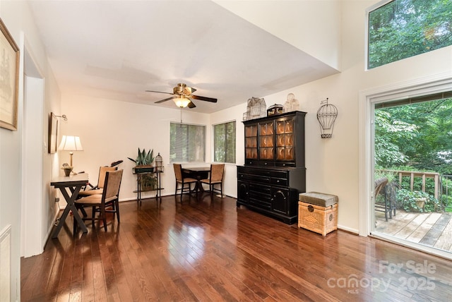8968 St Croix Ln, Charlotte, NC 28277 - office area featuring dark wood-style floors and a ceiling fan