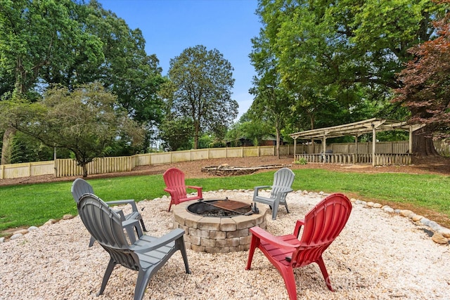 1810 13th Ave NE, Hickory, NC 28601 - fenced backyard featuring a fire pit, a pergola, and view of wooded area